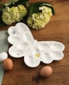 Finally, a way to treat them right. Whether your eggs are hard-boiled or deviled, sliced or whole, they've never been served with this much care. Made of fine china, shaped like a butterfly and decorated with a light flower pattern with hovering colorful butterflies and ladybugs, this egg platter gives the country feel of a farmhouse kitchen no matter where you are.