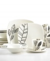 Stylized leaves in crisp black and white give the geometric shapes of Pietra dinnerware an added edge. Pattern differs from bowl to cup to plate for a look that always catches your eye.