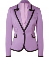 Eye-catching in wisteria with bold black trim, Moschino C&Cs two-tone blazer is a fun way to add a fashion-forward edge to work looks - Peaked lapel, long sleeves, buttoned cuffs, flap pockets, single front button closure - Sharply tailored fit - Wear with a crisp button-down and matching trousers, or over a tailored sheath dress with sleek high-heels