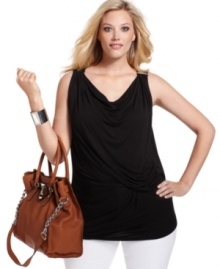 A draped neckline lends an elegant accent to MICHAEL Michael Kors' sleeveless plus size top-- wear it as a layer or by itself.