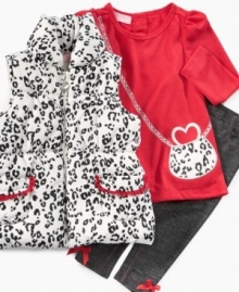 Give your sweet gal a little glam with this dolled up shirt, legging and vest set from Kids Headquarters.