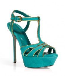 Inject a playful pop of color to your dressed up look with these vibrant heels from Sergio Rossi -Cut-out detailed front, t-strap with buckle closure, high front platform, ultra-high stiletto heel, golden trim detailing - Pair with a luxe maxi dress and a statement clutch