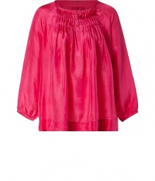 A billowy silhouette and flattering gathering details bring this retro-inspired silk top of-the-moment relevance - Round neck, three-quarter balloon sleeves, front button half placket, decorative pleating at neckline and back yoke, gathering at bust, A-line silhouette - Wear with skinny jeans or flared denim and platform heels