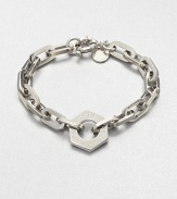 A logo accented nut charm sits on a narrow, chain link design. Rhodium-plated brassLength, about 7.6Charm size, about .75Spring ring closureImported 