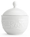 A little bit country. Made for the rigors of daily use but with an embossed design that's entirely graceful, the American Countryside sugar bowl from Mikasa promises well-balanced dining in classic white stoneware.