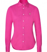 Work a bright accent into your tailored classics with Ralph Laurens hibiscus stretch cotton poplin button-down - Cutaway collar, long sleeves, buttoned cuffs, button-down front, shirttail hemline - Form-fitting - Wear with jeans, loafers, and smart leather accessories