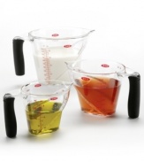 The patented angled surface on these measuring cups lets you read measurements from above, eliminating the need to fill, check and adjust the amount.