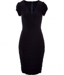 With all-over draped details and a flattering figure-hugging silhouette, this Donna Karan cocktail dress is ultra sophisticated - V-neck, cap sleeves, all-over ruche detail, seaming, fitted silhouette, concealed back zip closure - Pair with a slim trench, statement heels, and a leather clutch