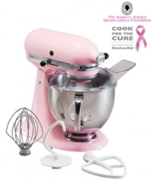 Bake for something better. This classic KitchenAid Artisan Stand Mixer, in the same shade of pink as the Breast Cancer Awareness ribbon, makes a statement of compassion while delivering the performance you've come to expect. Easier to use than other stand mixers because of a uniquely styled tilting head and an ergonomically designed handle on the mixing bowl. One-year warranty. Model KSM150PS.