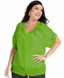 A sheer winner: Alfani's short-sleeve plus size blouse, featuring a button front and back for unique styling!