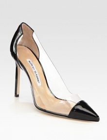 Show some skin wearing this notice-me pump in translucent PVC, mixed with glossy patent leather details. Patent leather-covered heel, 4 (100mm)PVC and patent leather upperPoint toeLeather lining and solePadded insoleMade in Italy