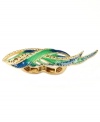 Let your style go aflutter. RACHEL Rachel Roy's playful wing ring features a trendy two finger design accented by sparkling glass accents in green and blue hues. Set in gold-plated mixed metal. Ring stretches to fit fingers.