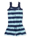 An airy cotton jersey romper is crafted in a bold, striped print and finished with sweet ruffles.