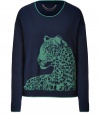 Prowl the urban jungle in chic Juicy Couture style with this green metallic detailed snow leopard pullover - Round neckline, metallic trim, long sleeves, metallic trimmed cuffs, fine ribbed trim - Loosely fitted - Wear with leather leggings and shearling lined boots