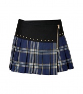 School-girl cool gets a rocker-chic remix in Juicy Coutures pleated plaid skirt, finished with stud embellishment for an edgy urban feel - Black waistband, side zip, gold-toned cone studs, pleated - Feminine flared silhouette - Pair with combat boots and cashmere knit pullovers