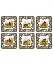 Bring the classic style of the English countryside to your table with Woodland coasters. Pheasant, quail and other game birds are illustrated in great detail and framed by Spode's 1828 British flowers border on heat-resistant cork.