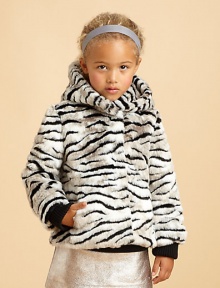 Faux is fabulous in this fluffy, exotic tiger-striped design with a cozy hood to blast away those winter chills.Attached hoodHidden snap front closeAngled front pocketsLong sleeeves with ribbed knit cuffsFully linedAcrylic/polyester/modacrylicDry cleanImported