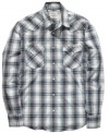 Rugged and ready.  This plaid shirt from Lucky Brand Jeans has the western-inspired style you need to complete your casually cool look.