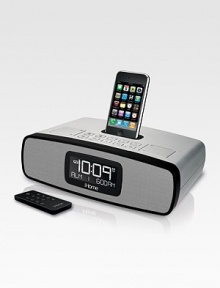 Charge, play and wake to your iPhone® or iPod® in a newly designed clock radio with a bigger display and bigger, Reson8 stereo sound.Wake or sleep to iPhone, iPod, AM/FM radio or buzzer Universal dock charges & plays iPhone and docking iPod models Weekday/weekend alarm settings Programmable snooze times Dual alarm with AM/FM presets Bass, treble, 3D and balance controls Extra-large, backlit custom LCD display with dimmerCompatible with iPod Mini, Nano