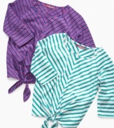 Freshen up her wardrobe with this bright striped shirt from Epic Threads that features a cute tie front detail.