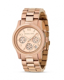 MICHAEL Michael Kors classic chronograph three-link bracelet watch in stainless steel. Round rose goldtone dial with Arabic numbers. Three subdials and date display.