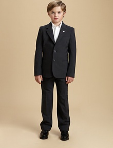 When it's time for your young man to dress up, start him out in elegant, understated Armani pinstripes on fine, light stretch wool. Jacket:Notched collar and lapels with eagle lapel pinThree-button frontButton detail at cuffsWelt chest pocketBesom front pocketsDouble back vents Pants:Button waist with belt loopsZip flySide slash pockets95% wool/5% elastaneDry cleanMade in Italy