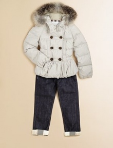 Battle the elements in style in this puffy topper with attached hood, detachable goldern fox fur trim