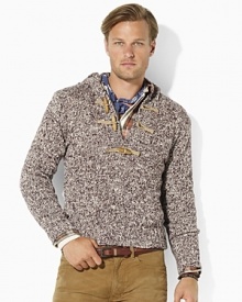 Rugged accents (like wooden toggles and a rustic ragg pattern) update a preppy shawl-collar pullover with a cool and collected sense of style.