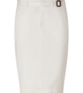 This flattering Polo Ralph Lauren pencil skirt brings new-season style with a preppy flair - Zip fly, belted waist, on-seam pockets, high back with cut out, back welt pockets with button, back slit, fitted silhouette - Wear with espadrilles, a fitted tee, and a blazer