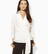 Lauren by Ralph Lauren's sophisticated wrap blouse is crafted in crisp cotton poplin and finished with chic gathering for a feminine silhouette.