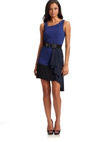 This ultra chic crepe creation has an asymmetrical neckline, contrast draped panel and colorblock design.Asymmetrical neckline Sleeveless Seamed waist Elastic web belt with snaps Contrast draped panel at one side Back zipper About 40 from shoulder to hem Polyester Second fabric: silk Dry clean Imported