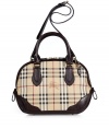 Detailed in a logo check with sleek chocolate leather trim, Burberry Londons small bowling bag is an iconic multi-season must-have - Double top handles, removable buckled shoulder strap, two-way top zip, gold-toned logo hardware, inside back wall zippered pocket, two front wall slot pockets, protective feet - Carry as a sophisticated compliment to polished daytime looks