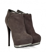 Ultra-sultry, these suede and metallic leather booties will add trend-right appeal to any look - Front platform with silver detail, rounded toe, side zip closure, slate leather trim, high stiletto heel - Pair with a figure-hugging cocktail frock, cropped trousers, or a pencil skirt