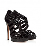 Inject instant sex appeal into your cocktail-ready look with these strappy python-embossed sandals from Casadei - Front platform, crisscross multi-strap front, python-embossed leather, ultra-high stiletto heel, ankle zip closure - Wear with a flirty frock and style with a statement clutch