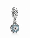 A protective talisman in colored enamel dangles from a twisted sterling silver charm. By PANDORA.