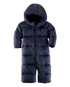 The ultimate in protection from the elements, the classic down-filled, channel-quilted snowsuit features warm ribbed cuffs and a cozy fleece-lined hood for unbeatable warmth.