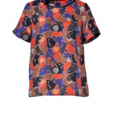 Work a playful print into your workweek repertoire with Marc by Marc Jacobs eye-catching silk tee - Round neckline with black trim, short sleeves, stitched cuffs, button-down back - Loose fit - Wear with jeans and flats, or tucked into a pencil skirt with heels