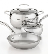 Prep quick, dish it out & clean up easily with this stainless steel dishwasher-safe kitchen collection. With aluminum encapsulated impact-bonded bases, this chef's choice heats up fast & evenly and each bell-shaped vessel enhances moisture circulation for tender, flavor-rich results. Limited lifetime warranty.