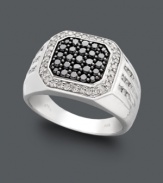 Square off on signature style. This shapely men's ring features a square-cut design adorned by round-cut black diamonds (5/8 ct. t.w.) and edged with round-cut white diamonds (3/8 ct. t.w.). Crafted in sterling silver. Size 10.