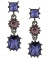 Bold and beautiful. Betsey Johnson's linear earrings are crafted from hematite-tone mixed metal with purple and pink glass crystal gems adding a vibrant touch. Approximate drop: 1-1/3 inches.