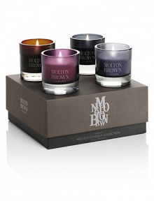 Let the scents of firefly embers, relaxing yuan zhi, re-charge black pepper and imp's whisper piccolo candelas illuminate your world. Set includes: 4 candles. Burn time: About 8 hours per candle. Made in England.