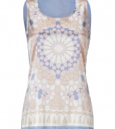 Work a graphic edge into your romantic warm weather separates with Steffen Schrauts pastel printed silk tank top - Scoop neckline, thick straps, solid periwinkle back - Loosely fitted - Wear with bright white skinnies and chunky gold jewelry