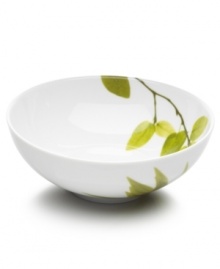 Forever spring. Bright new leaves plucked just for your table drape this cereal bowl with a fresh, modern look inside and out. From Mikasa dinnerware, the dishes are durable and stylish in white porcelain with a fluid shape that broadens from base to rim.