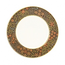 The luxurious, museum-quality floral motifs in Gilded Tapestry create a dramatic presentation sure to command attention at any dinner party. Warm ember hues and golden tones are offset by cool blue accents on this compelling pattern. Unique layering of of each place setting piece atop the other highlights the common threads of color and metallics while creating a sophisticated style.