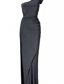 Super flattering and equally exquisite, Donna Karans modern draped evening gown guarantees a glamorous feminine finish to your contemporary evening look - Draped neckline, draped short sleeve, double layered strap detail, contoured gathered back seam, asymmetrical cut, deep side slit - Floor-length, form-fitting silhouette - Wear with shimmering fine jewelry and statement accessories