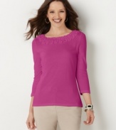 Charter Club's three-quarter sleeve top features crafted applique for a touch of elegance-- it's an Everyday Value!