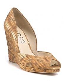 Snake-embossed leather is an exotic addition to your work wardrobe. Clock out and wear these wedges right to cocktails--the peeptoe is perfectly flirtatious. By KORS Michael Kors.