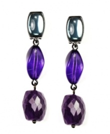 Dramatic drops! With their pretty palette of pale blue, violet and plum, Jones New York's beaded linear drop earrings are sure to get noticed whenever you wear them. Made in hematite tone mixed metal. Approximate drop: 2 inches.