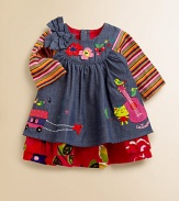 Crafted in cozy cotton, this precious frock has all the right stuff with colorful embroidery, floral prints and a bow for sweet style.Round necklineLong sleevesBack snapsLayered-look hemFully linedCottonMachine wash or dry cleanMade in France of imported fabric Please note: Number of snaps may vary depending on size ordered. 