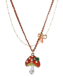 Summer charm comes natural with this Betsey Johnson pendant necklace. Combines a crystal-accented red and white enamel mushroom and crystal-accented pink bow. Crafted in gold tone mixed metal intertwined with red thread. Approximate length: 16 inches + 3-inch extender. Approximate drop: 1-3/4 inches.